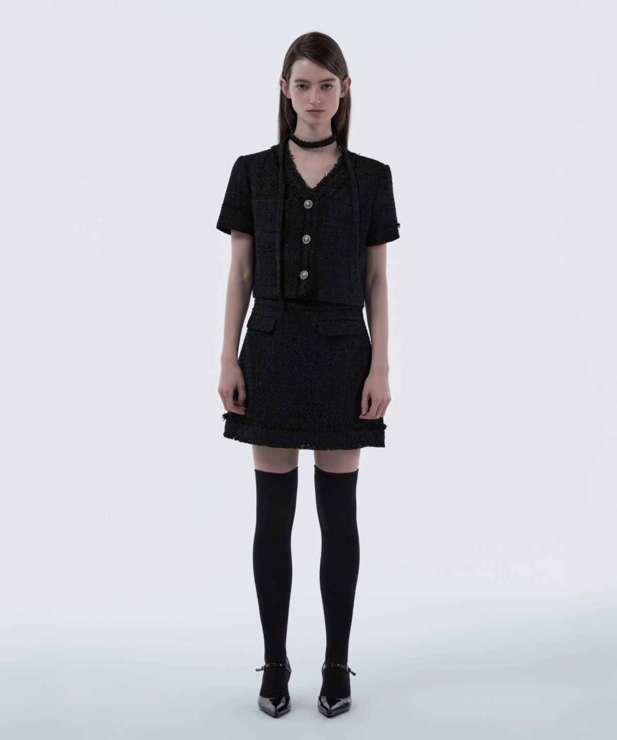 마우솔레움(MAU SOLEUM) Fringed Tweed Skirt - Black