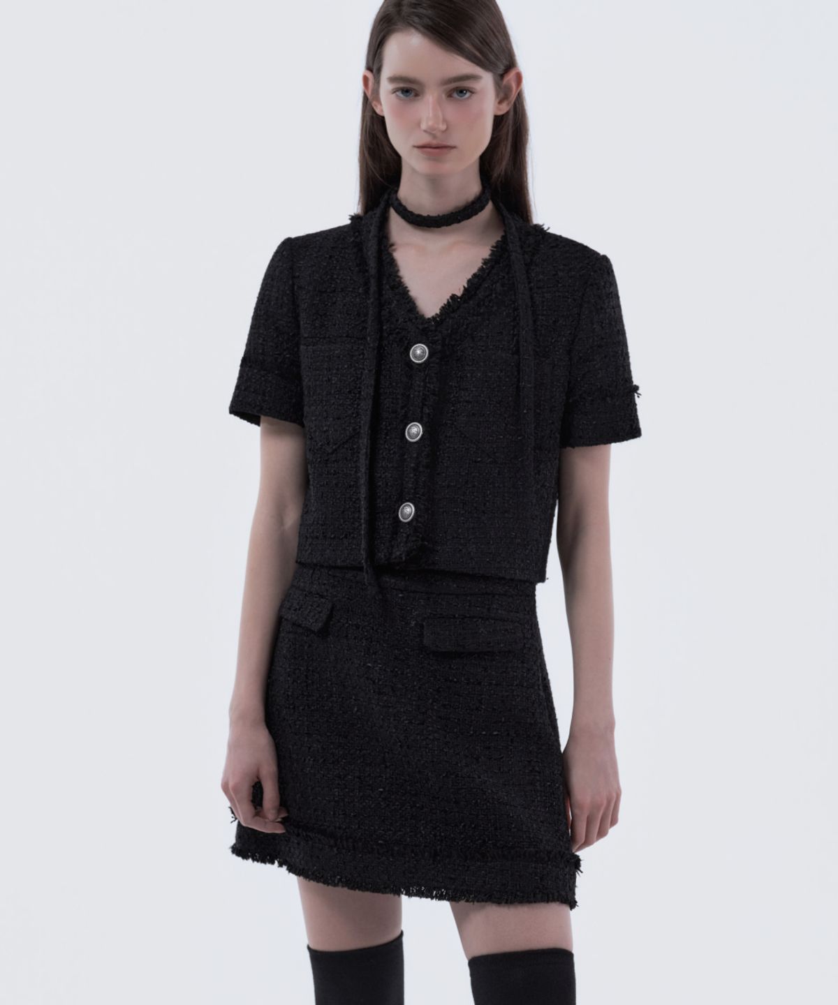 마우솔레움(MAU SOLEUM) Fringed Tweed Skirt - Black