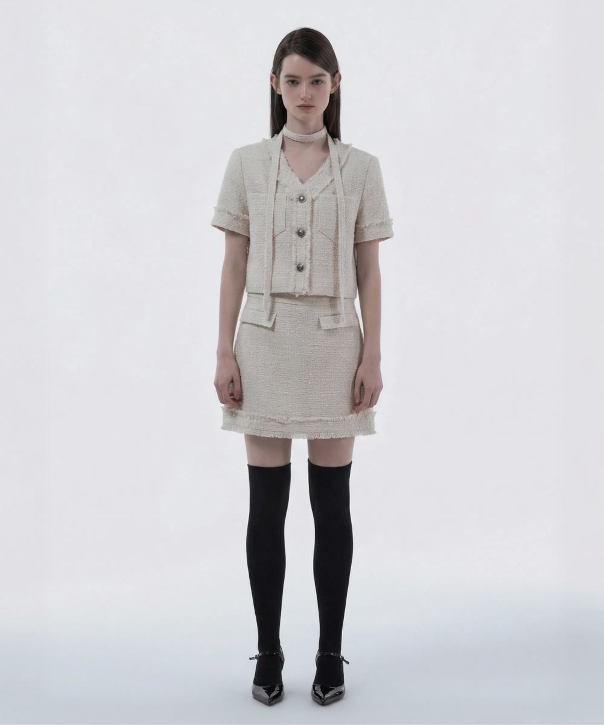 마우솔레움(MAU SOLEUM) Fringed Tweed Skirt - Ivory