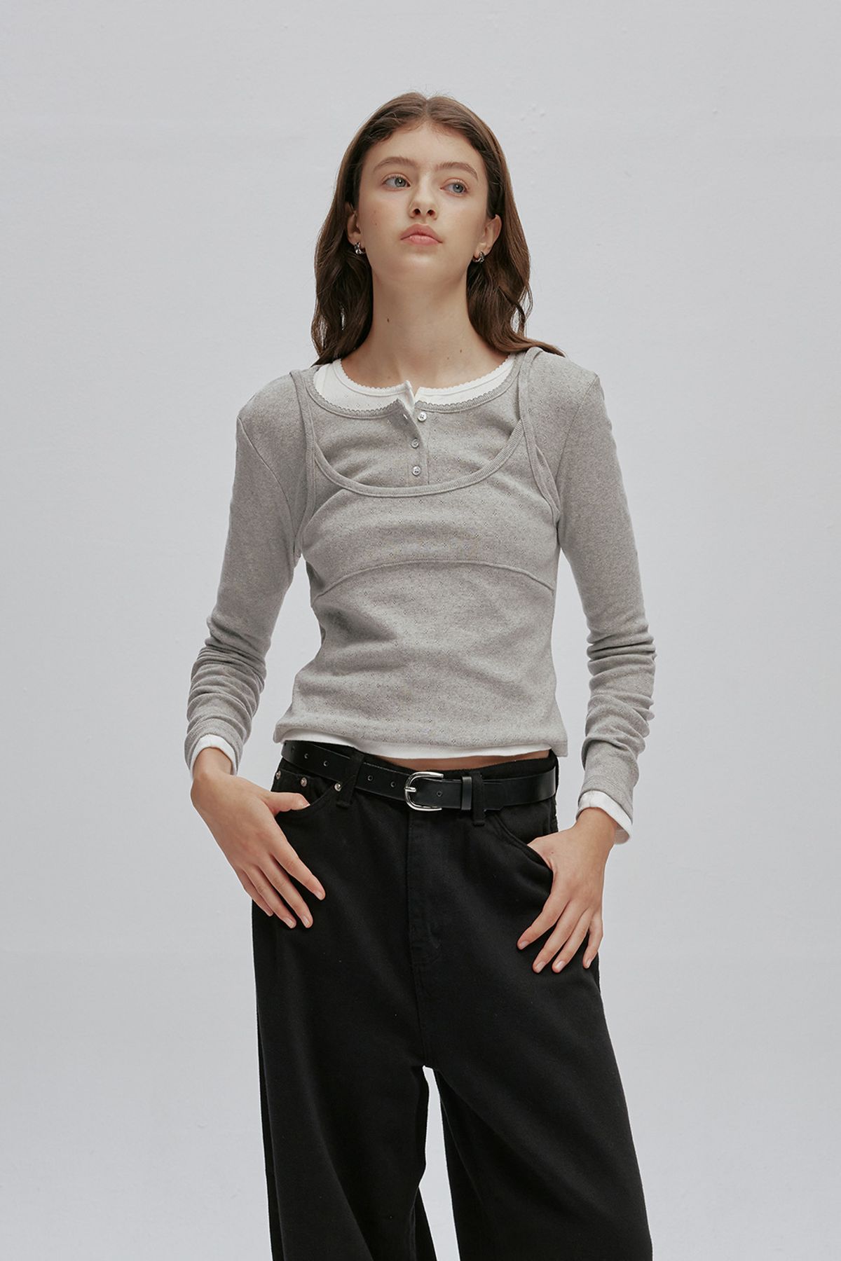 애프터아워즈(AFTERHOURS) HENRY NECK LAYERED LONG SLEEVE TOP (MELANGE GREY)