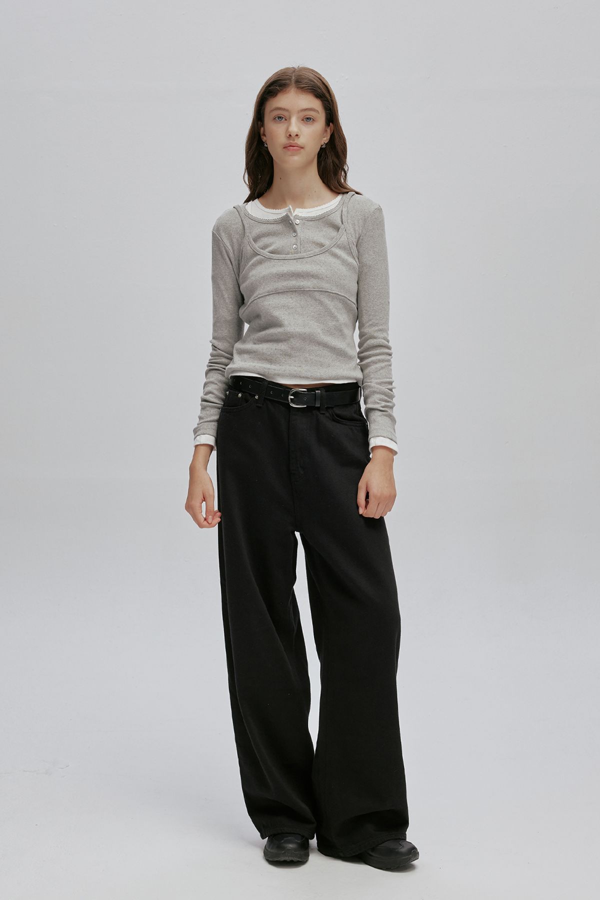 애프터아워즈(AFTERHOURS) HENRY NECK LAYERED LONG SLEEVE TOP (MELANGE GREY)