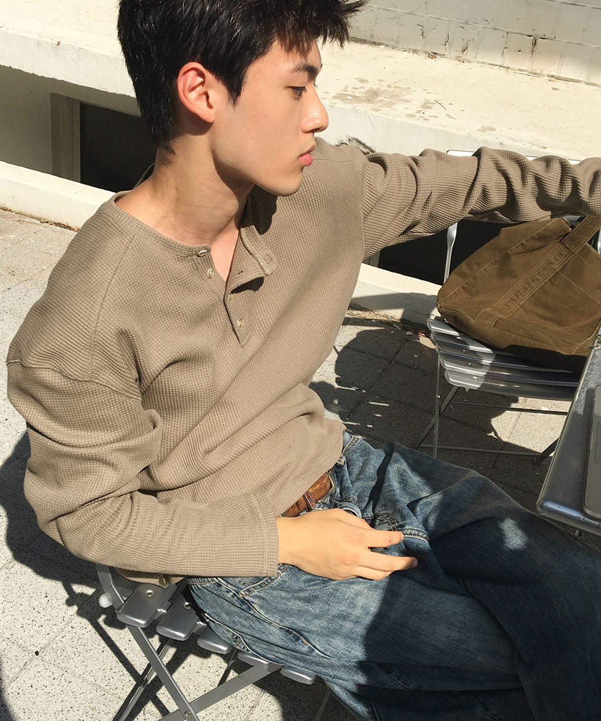 인템포무드(INTEMPOMOOD) 슬랜트 버튼 와플 헨리넥 : 3컬러