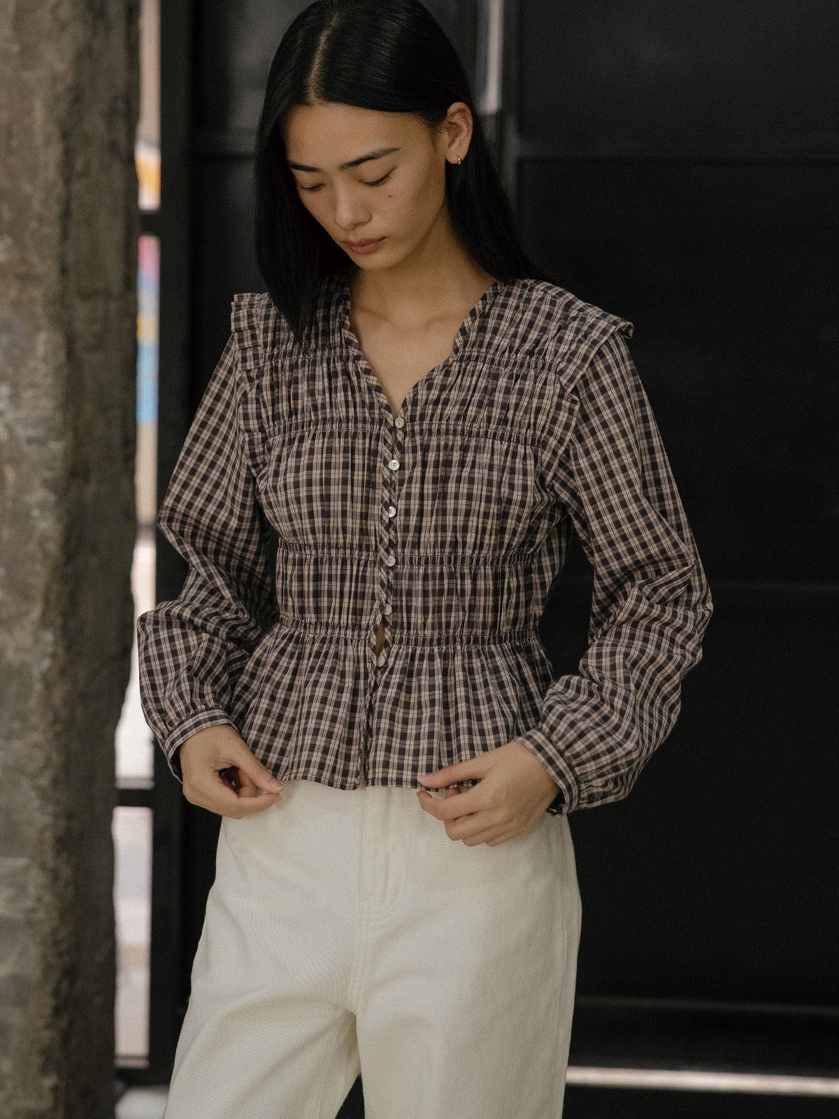 프리버07(FRIVER07) Check smoke shirring blouse [FRFA02BL01]_2color