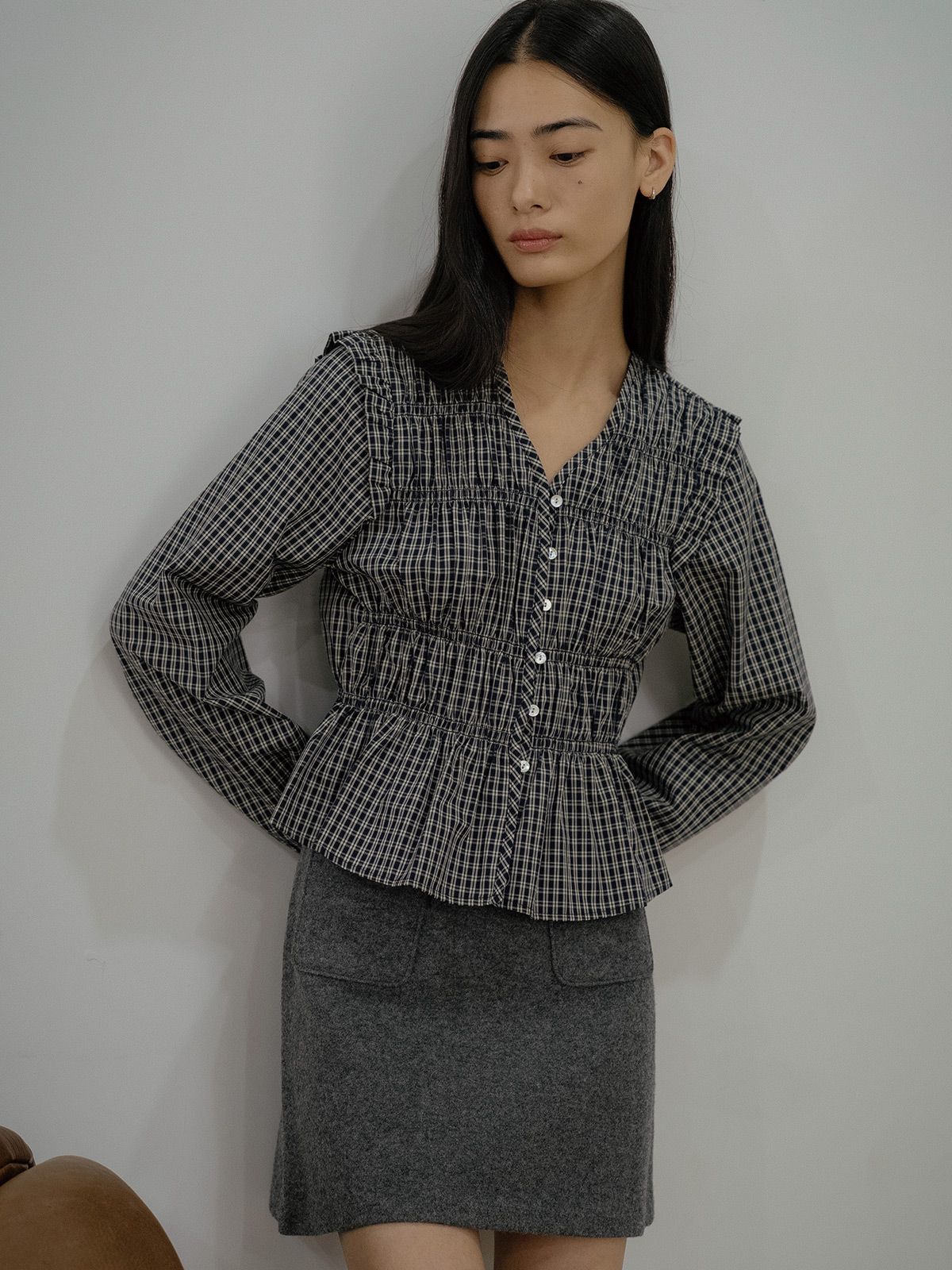 프리버07(FRIVER07) Check smoke shirring blouse [FRFA02BL01]_2color