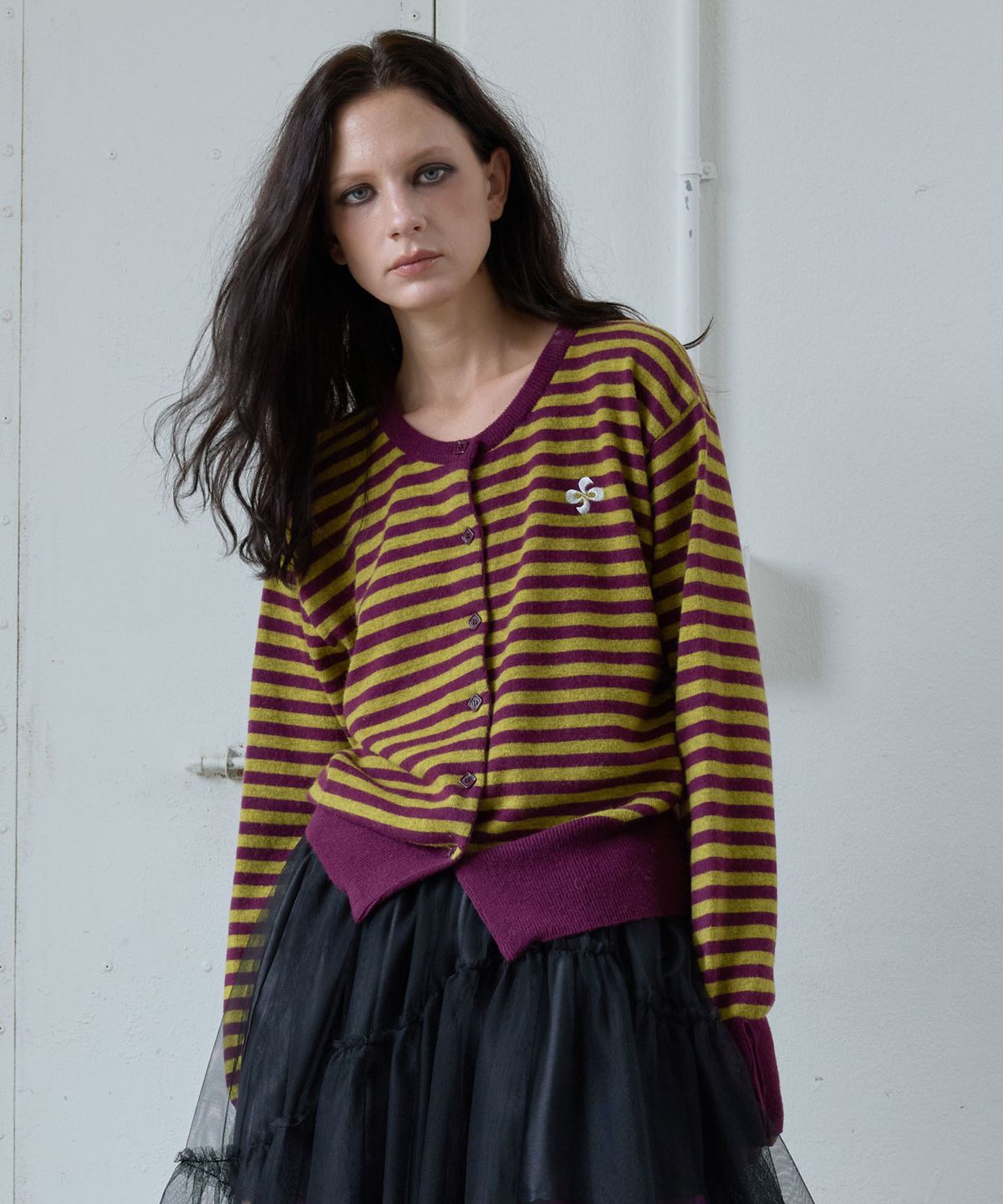 헤레틱(HERETIC) BUTTON CASHMERE STRIPE CARDIGAN / purple