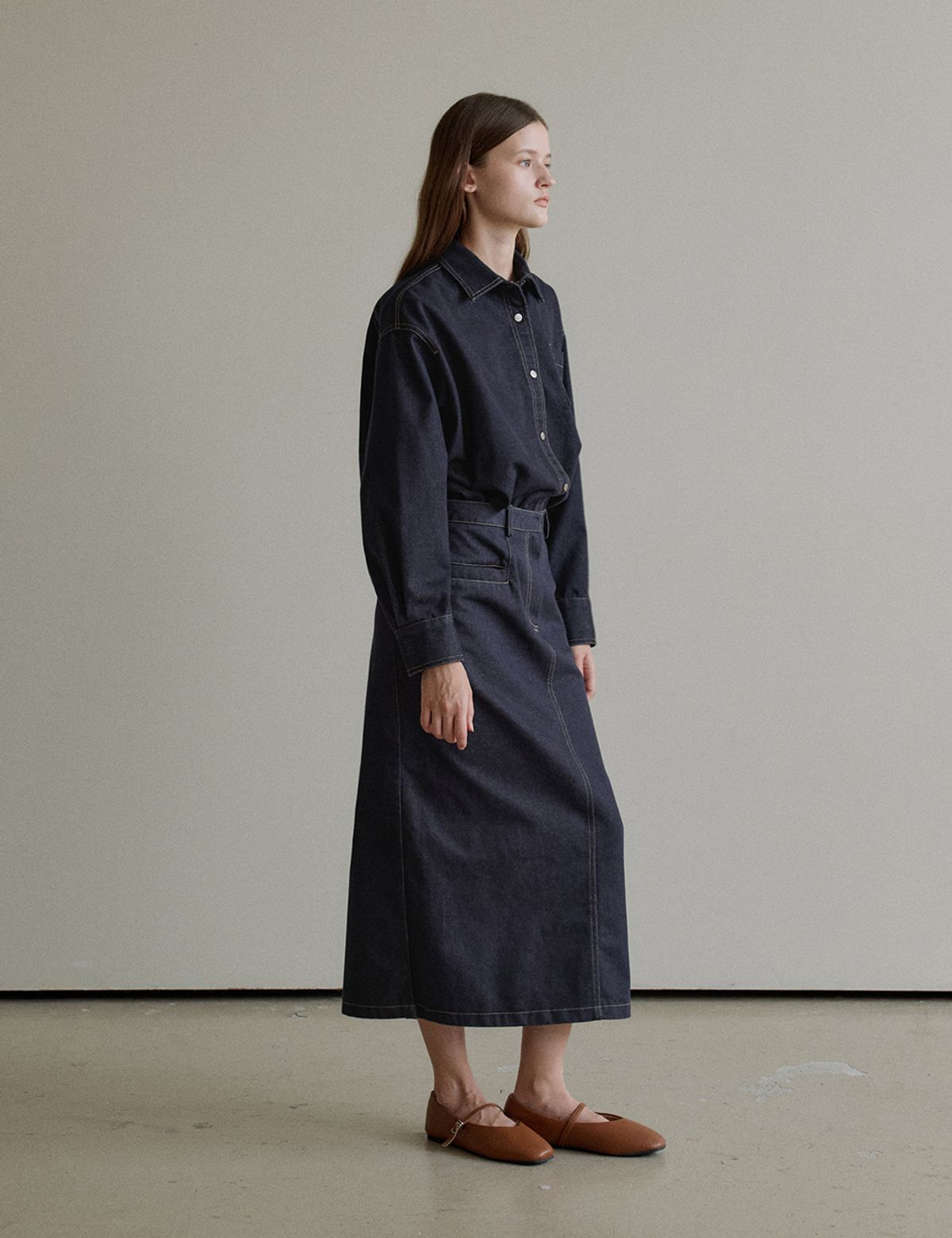 더엘로(THEELO) Long denim skirt (Blue)