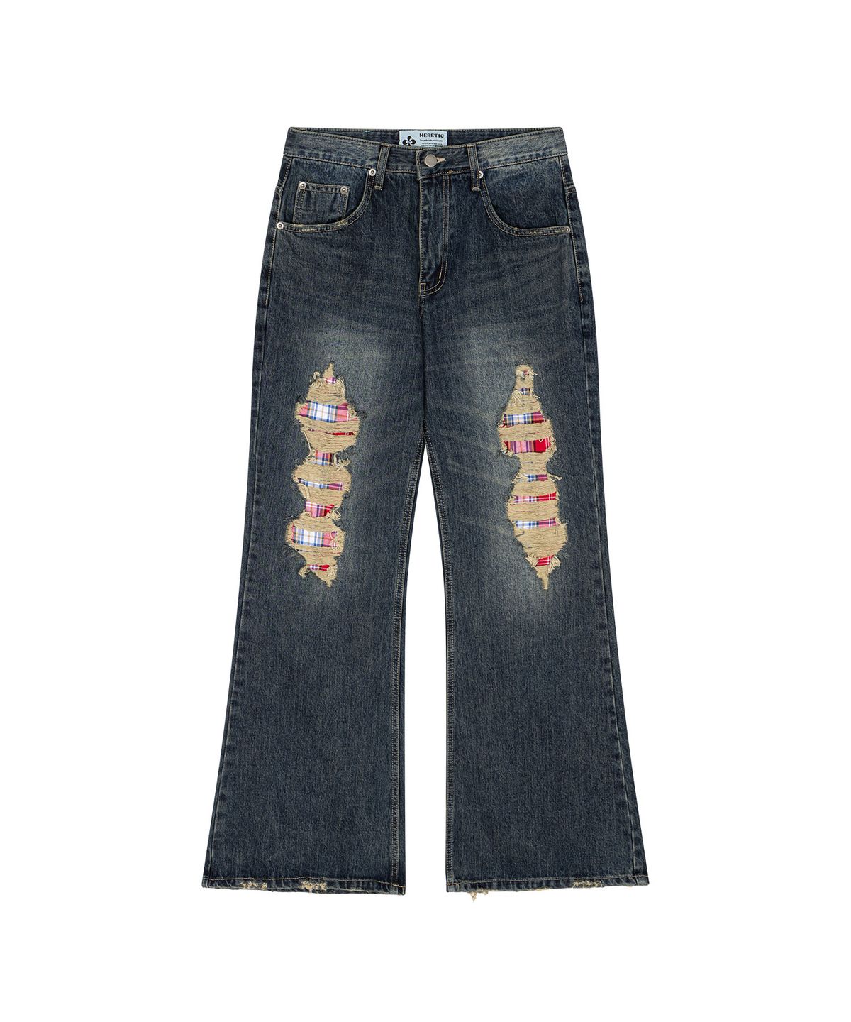 헤레틱(HERETIC) DESTROYED CHECK BOOT-CUT DENIM PANTS / dark blue