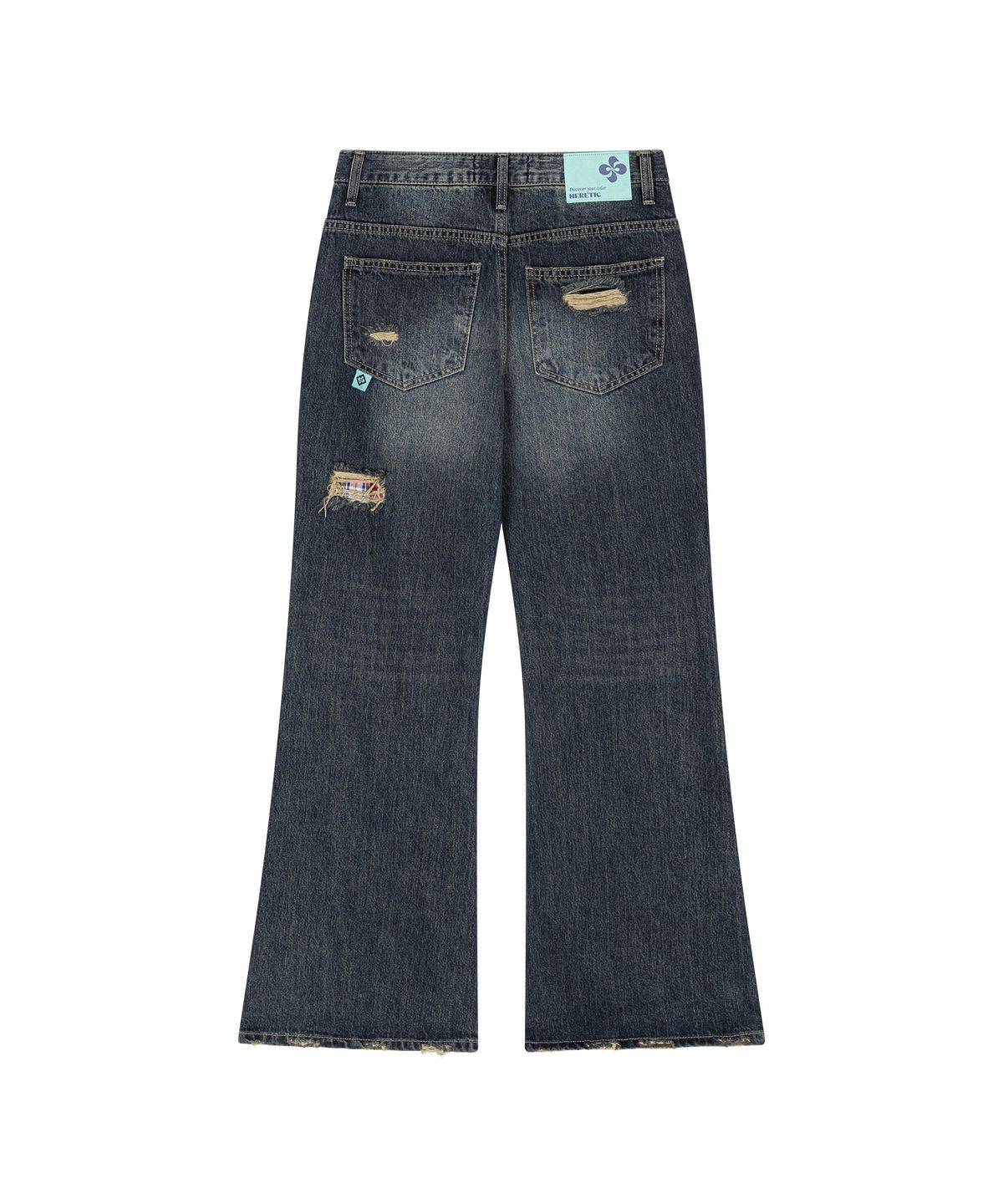 헤레틱(HERETIC) DESTROYED CHECK BOOT-CUT DENIM PANTS / dark blue