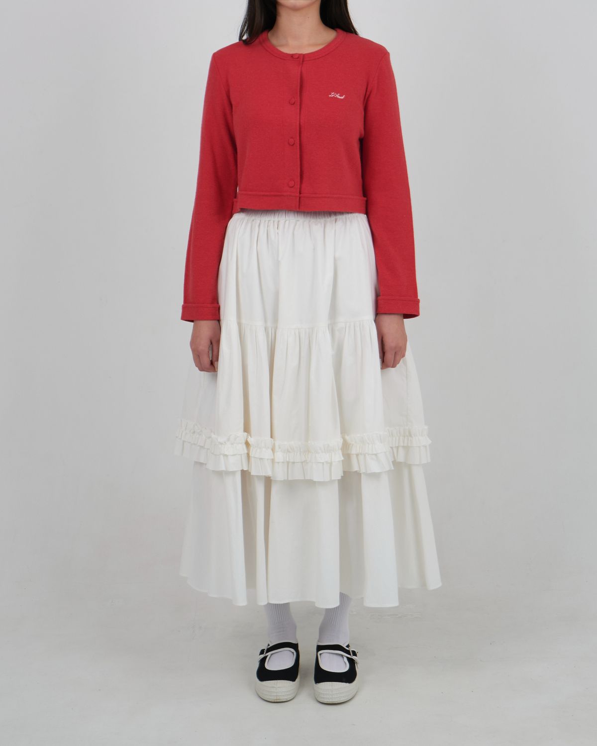 로액슈얼(LO AXUAL) LOGO EMBROIDERY BLOOMING CROP CARDIGAN_RED