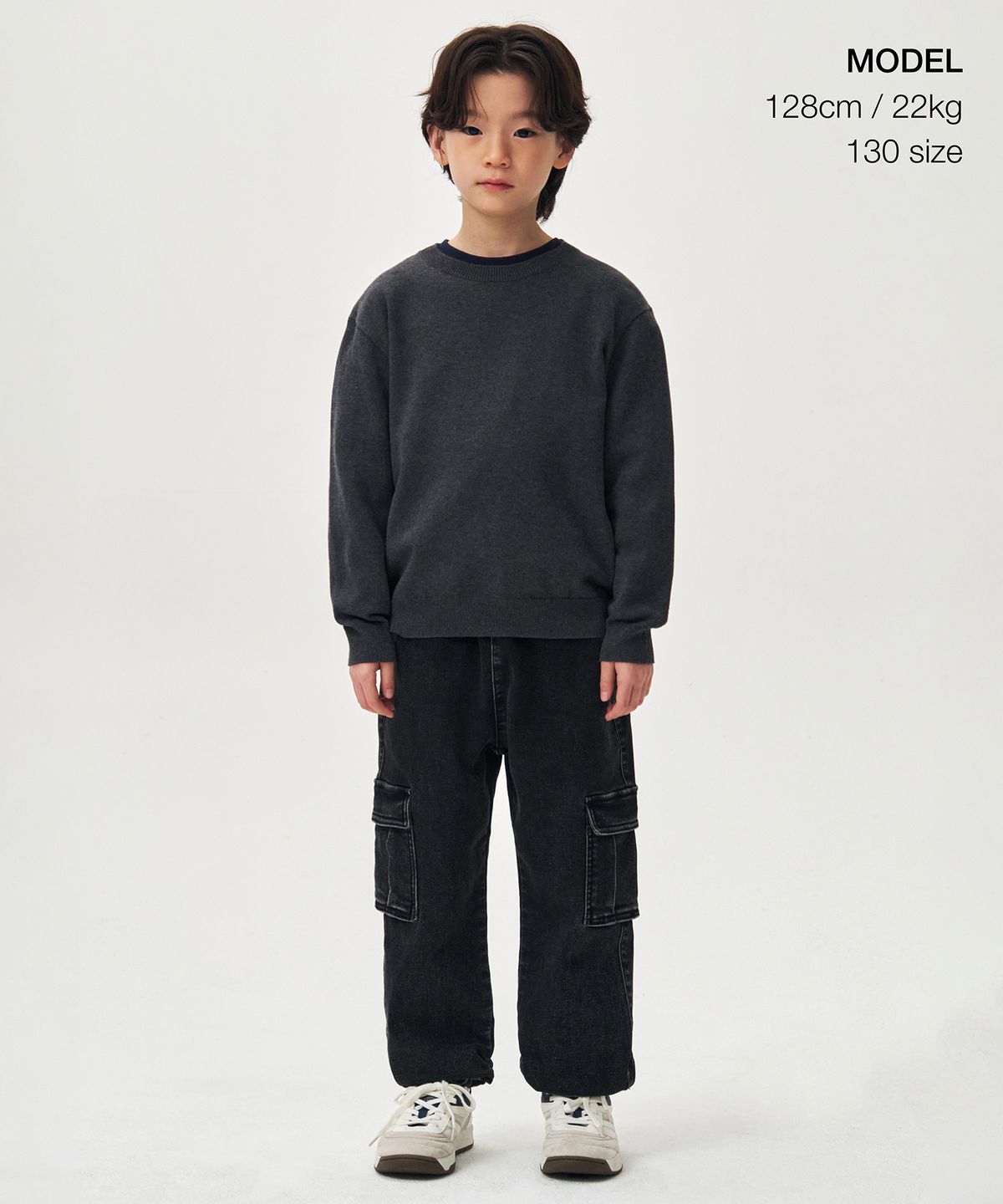 무신사 스탠다드 키즈(MUSINSA STANDARD KIDS) 워셔블 수피마 코튼 크루 넥 니트 [미디엄 그레이]