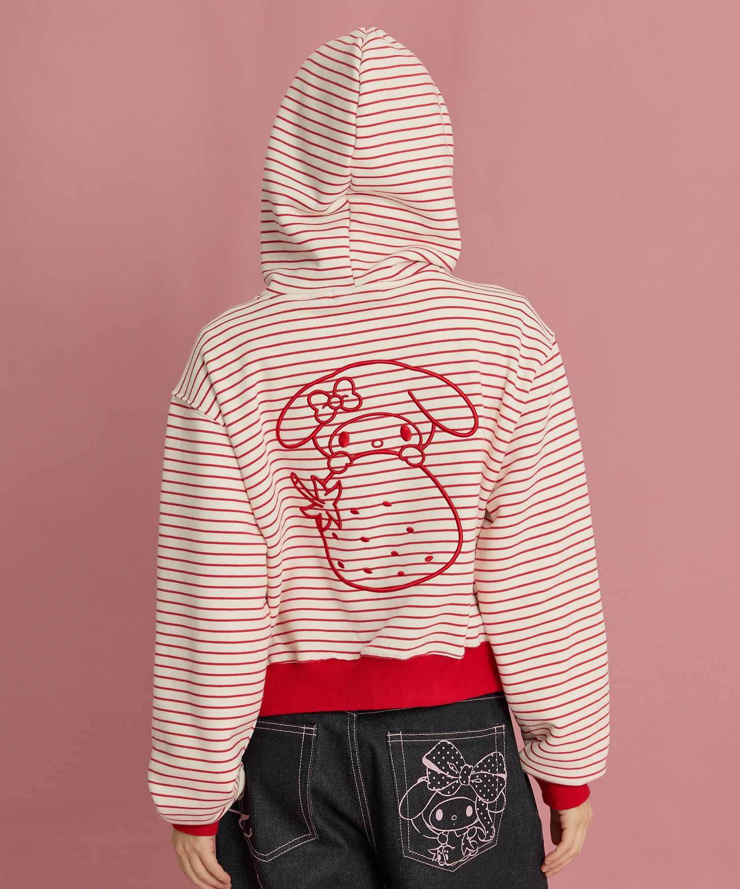 MUSINSA | WAI KEI Strawberry My Melody Stripe Hooded Zip-Up Red