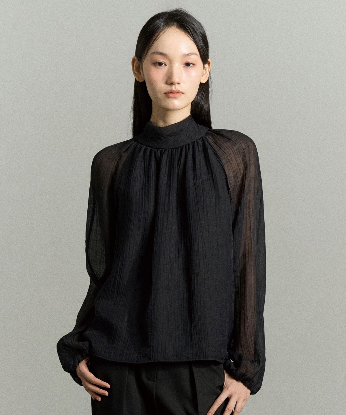 리이(RE RHEE) HIGH NECK SHEER SLEEVE BLOUSE