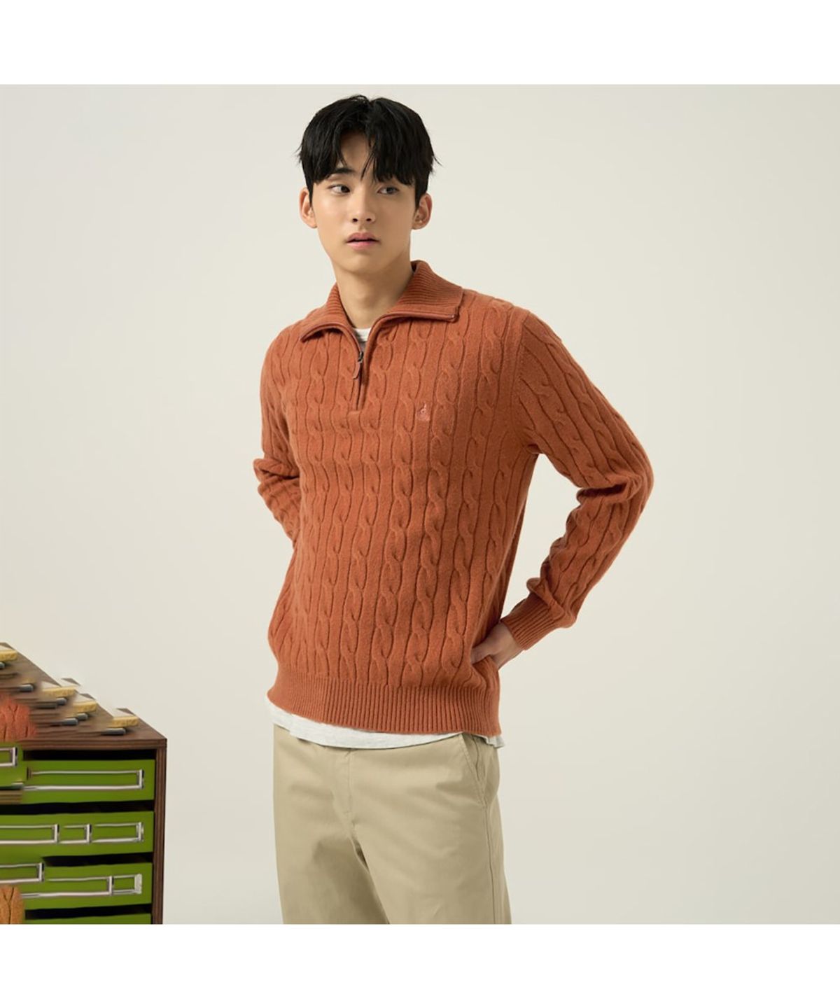 빈폴 멘(BEANPOLE MEN) 케이블 반집업 니트  오렌지
