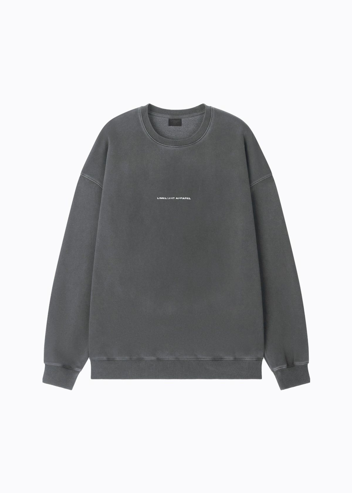 라임라잇 어패럴(LIMELIGHT APPAREL) 어패럴 피그먼트 백 로고 스웨트셔츠 오버사이즈 (차콜/화이트)