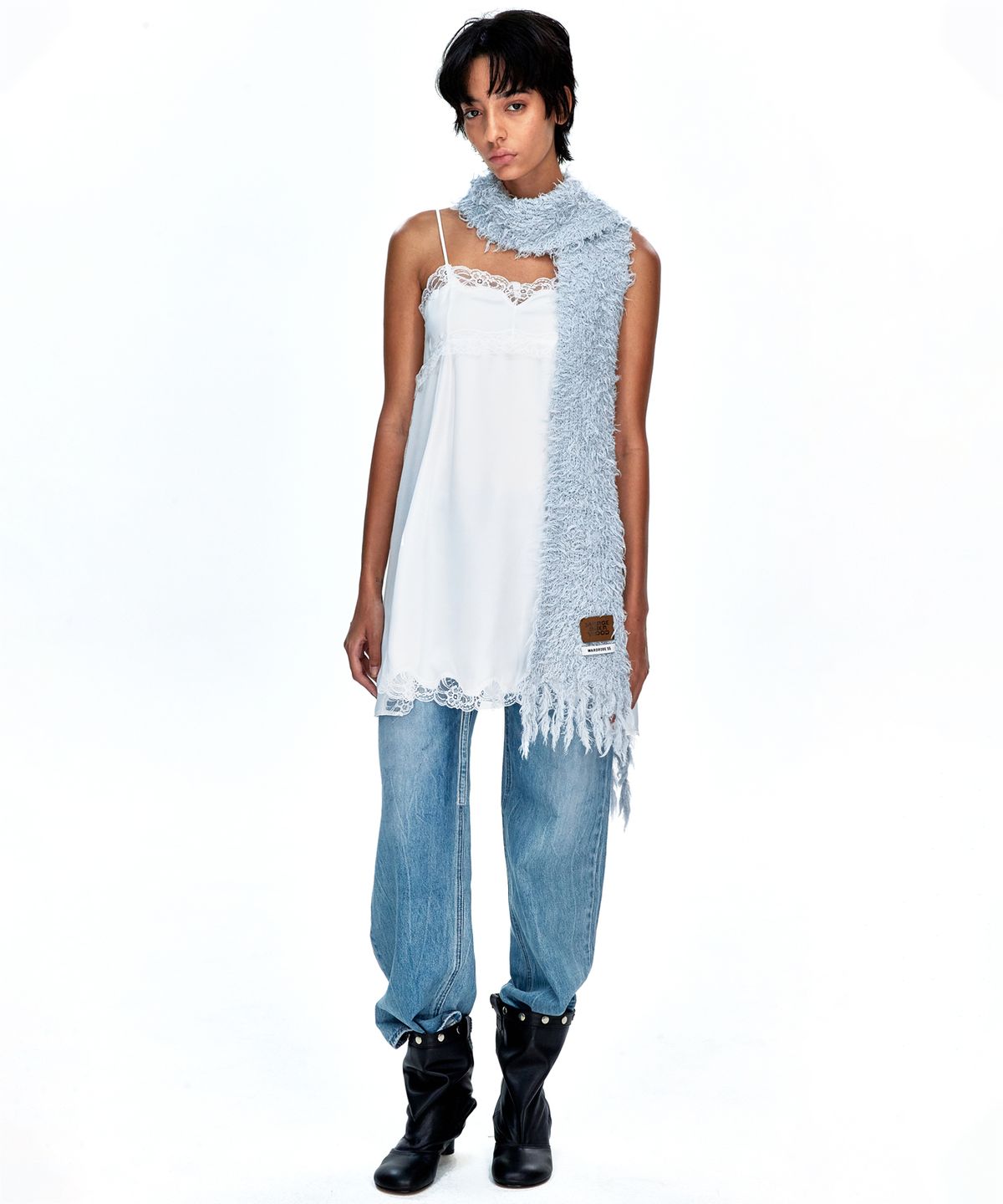 마지셔우드(MARGESHERWOOD) PUPPY TOUCH FRINGE MUFFLER_grey blue