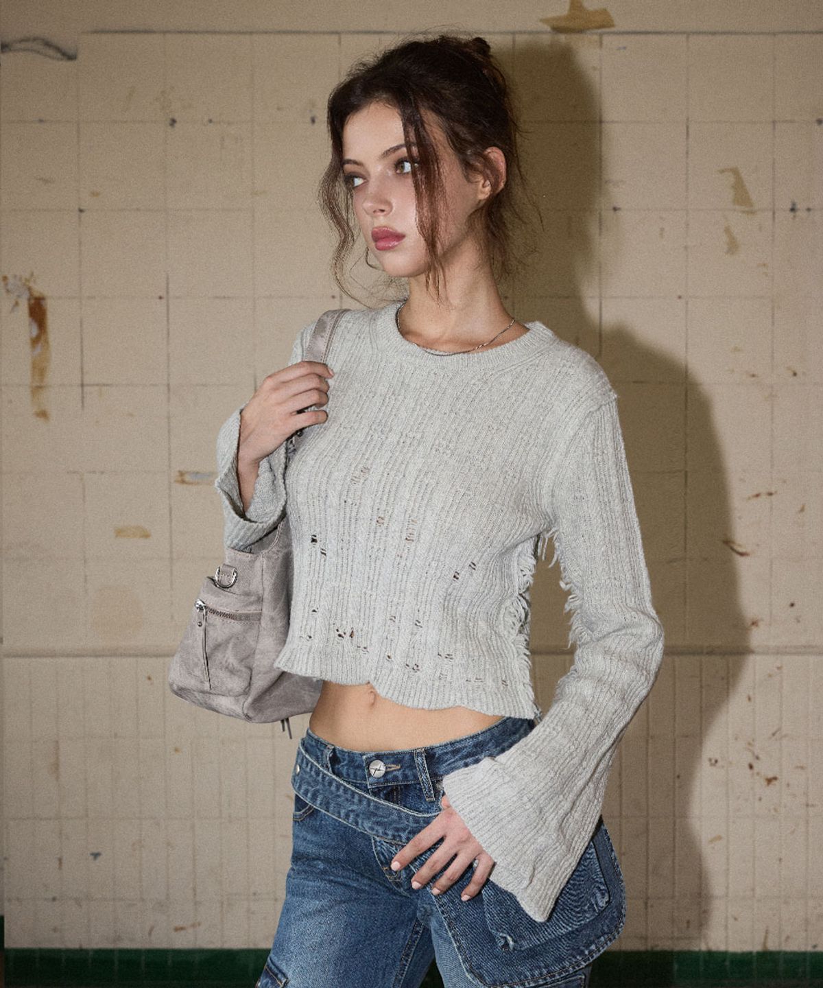 노 엑스트라 터치(NO EXTRA TOUCH) Boho Damage Knit (Ash) / 25FWKP001AS