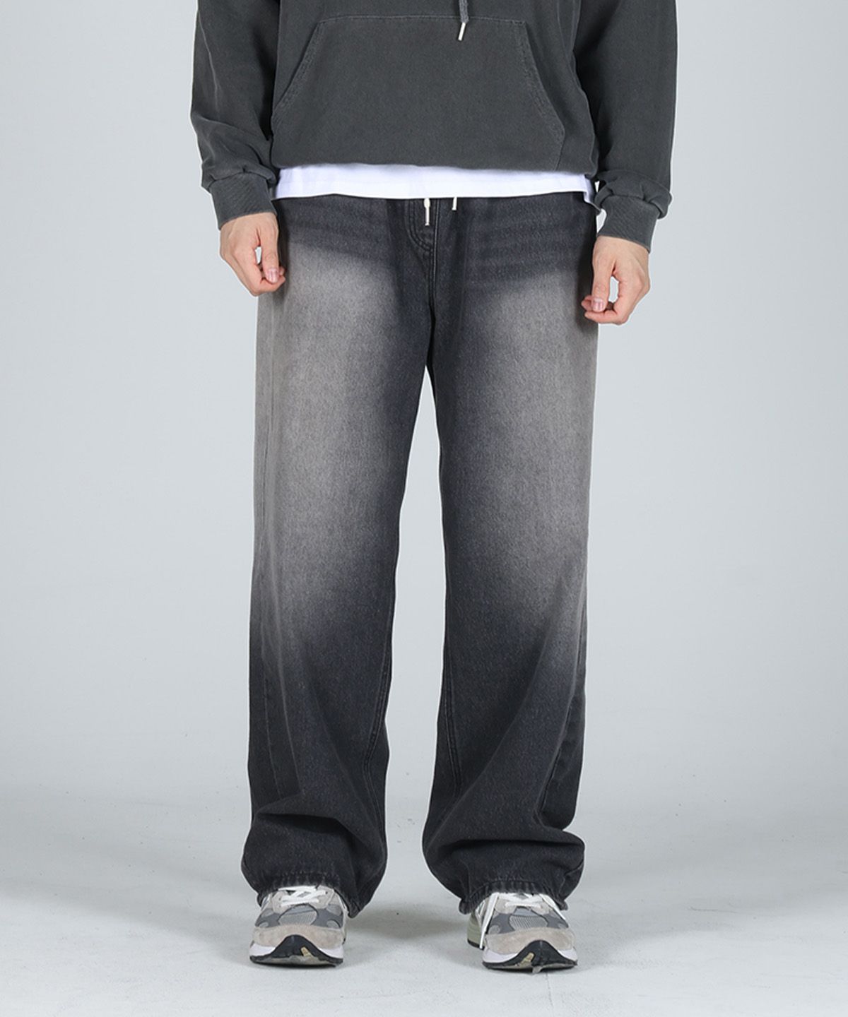 후어(HOOR) 이지 와이드 밴딩 데님 팬츠_흑청