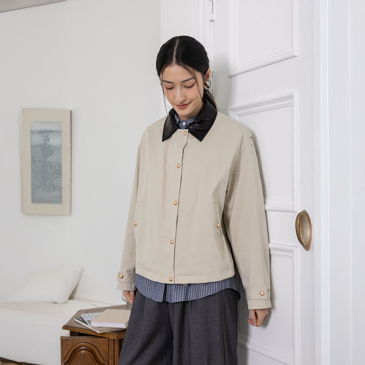 랭썬(LANGSON) LS_Leather collar jacket_BEIGE