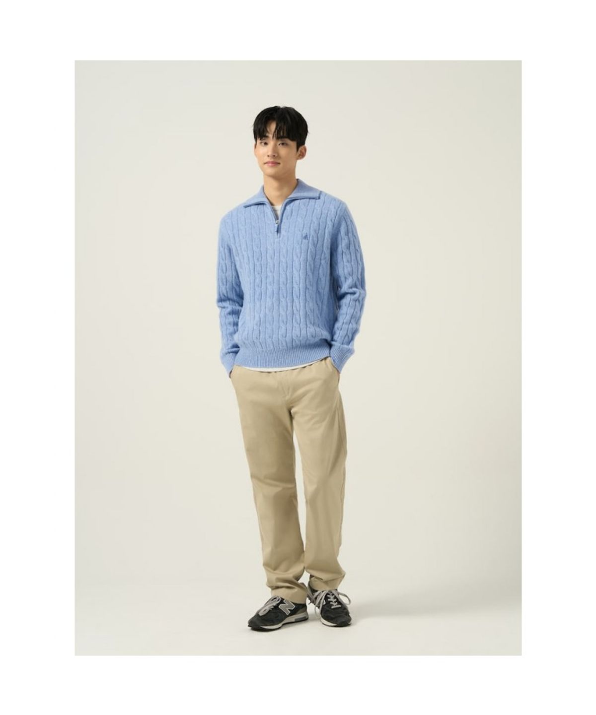 빈폴 멘(BEANPOLE MEN) 케이블 반집업 니트  스카이 블루