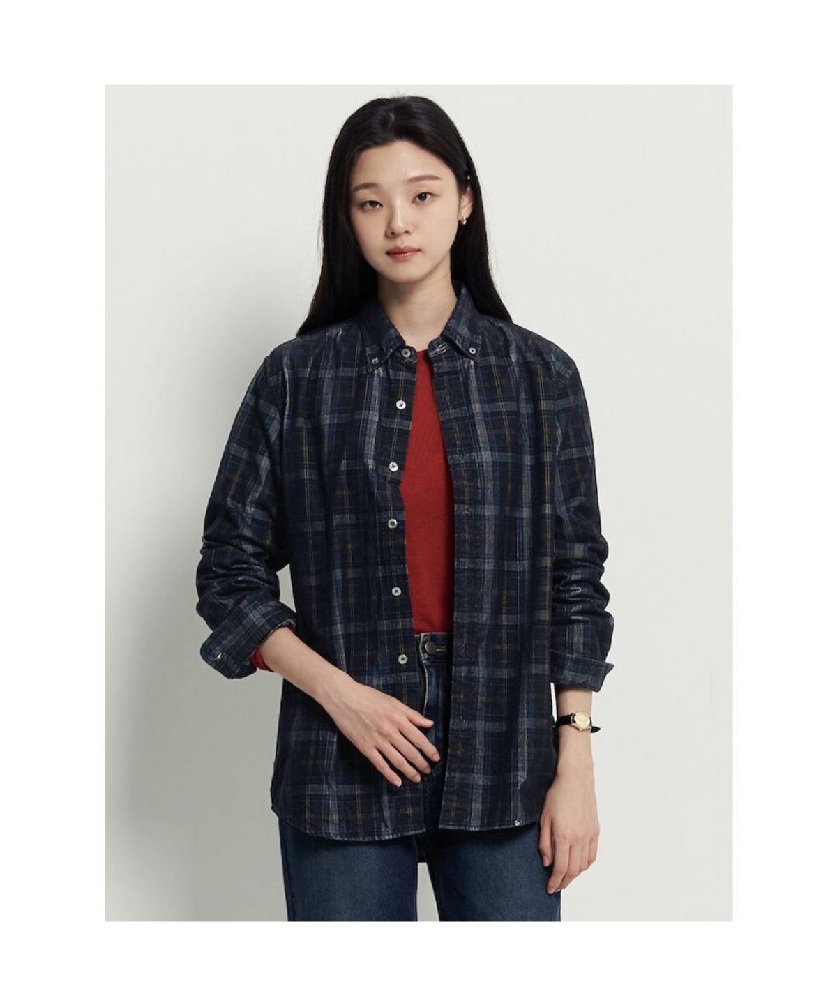 빈폴 멘(BEANPOLE MEN) 남녀공용 코듀로이 체크 셔츠  네이비