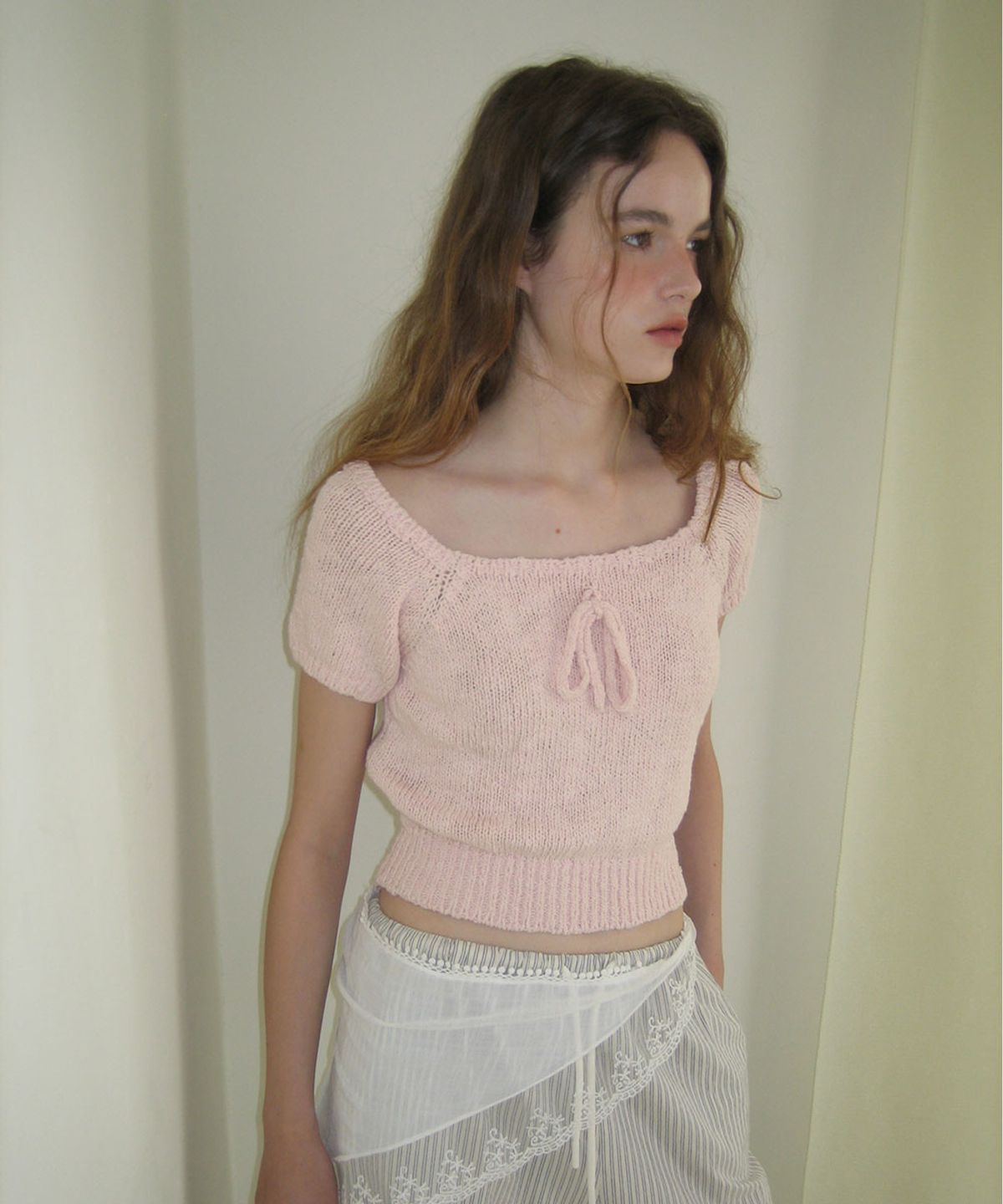 어패럴아카이브(APPAREL ARCHIVE) Hailey square ribbon half knit - Pink