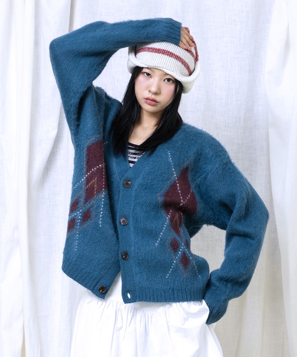 글랙(GLACK) GNT075 빈티지 아가일 니트 가디건 (BLUE GREEN)