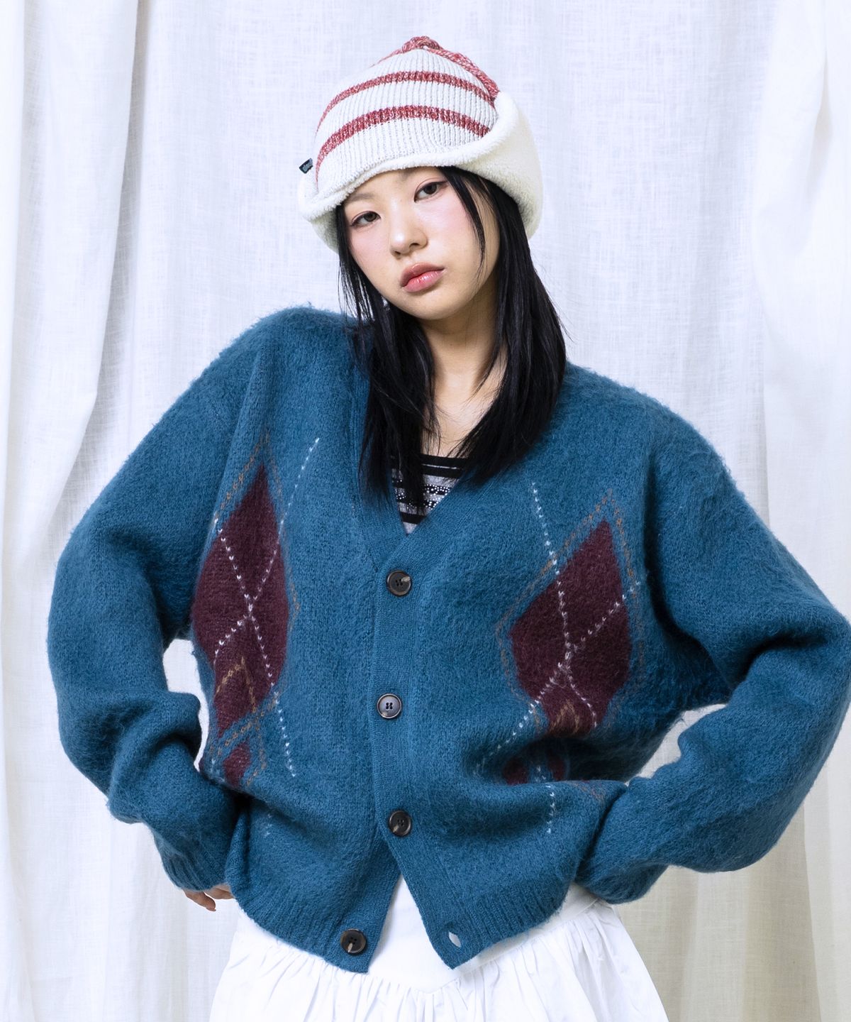 글랙(GLACK) GNT075 빈티지 아가일 니트 가디건 (BLUE GREEN)