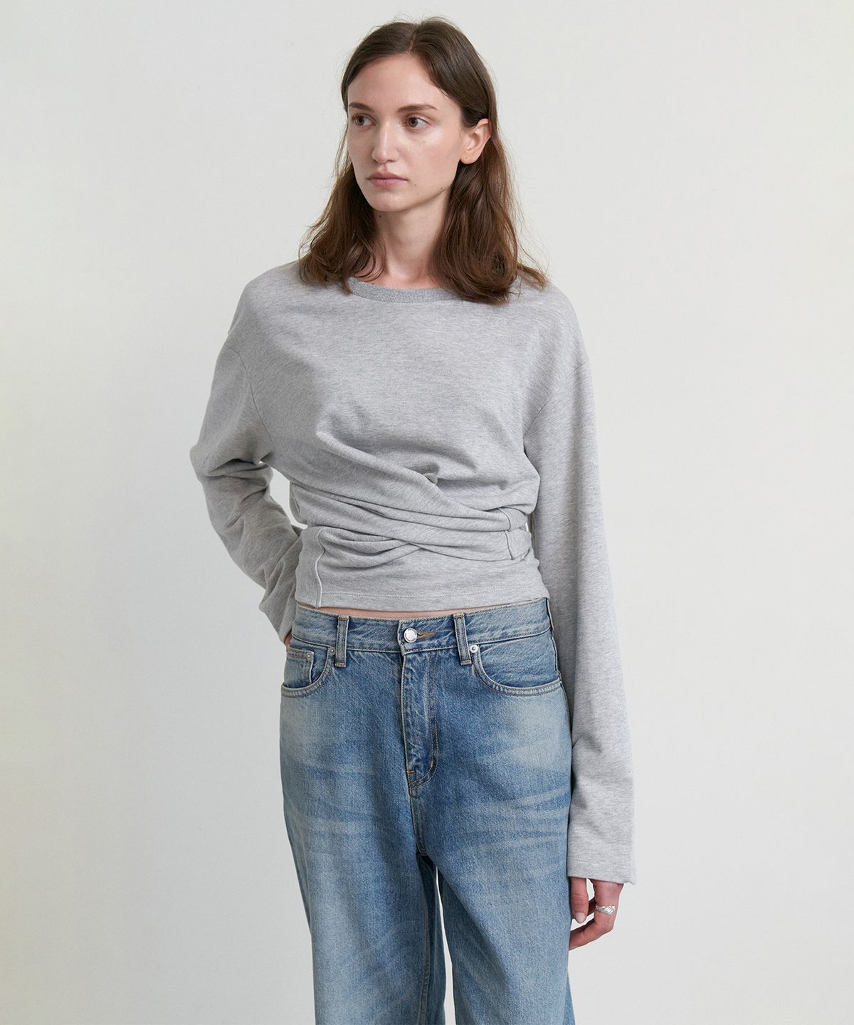 스텝어라운드(STEP AROUND) Loose fit wrap long sleeve t-shirts_M/GREY