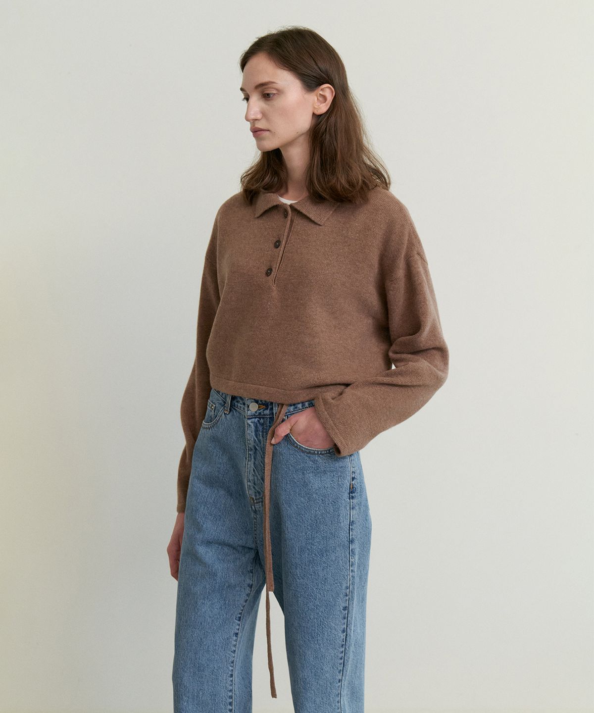 스텝어라운드(STEP AROUND) Cashmere crop collar knit_CINAMMON