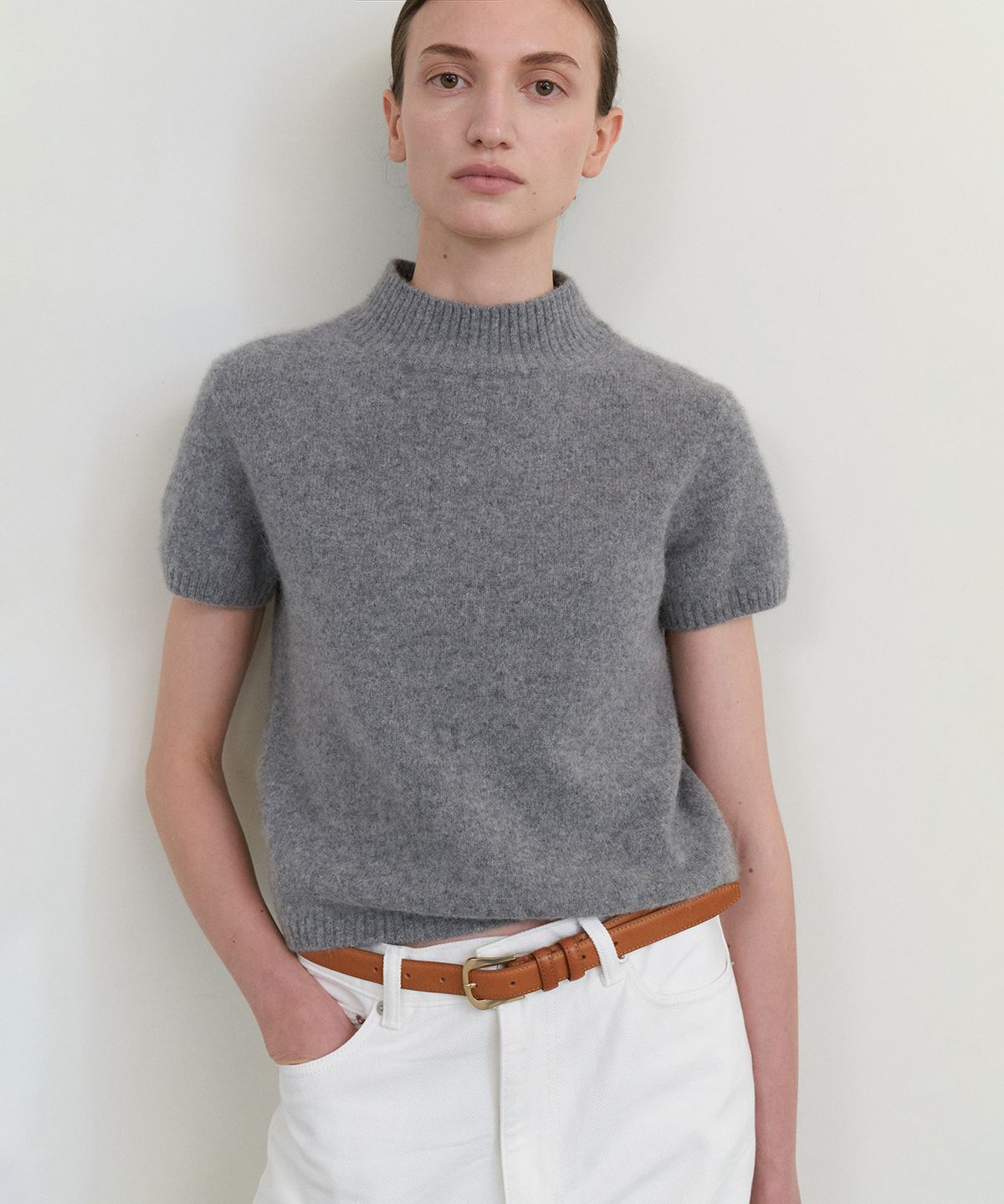 스텝어라운드(STEP AROUND) Mar crop half knit_M/GREY