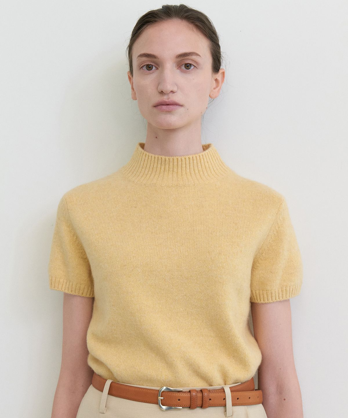 스텝어라운드(STEP AROUND) Mar crop half knit_MUSTARD