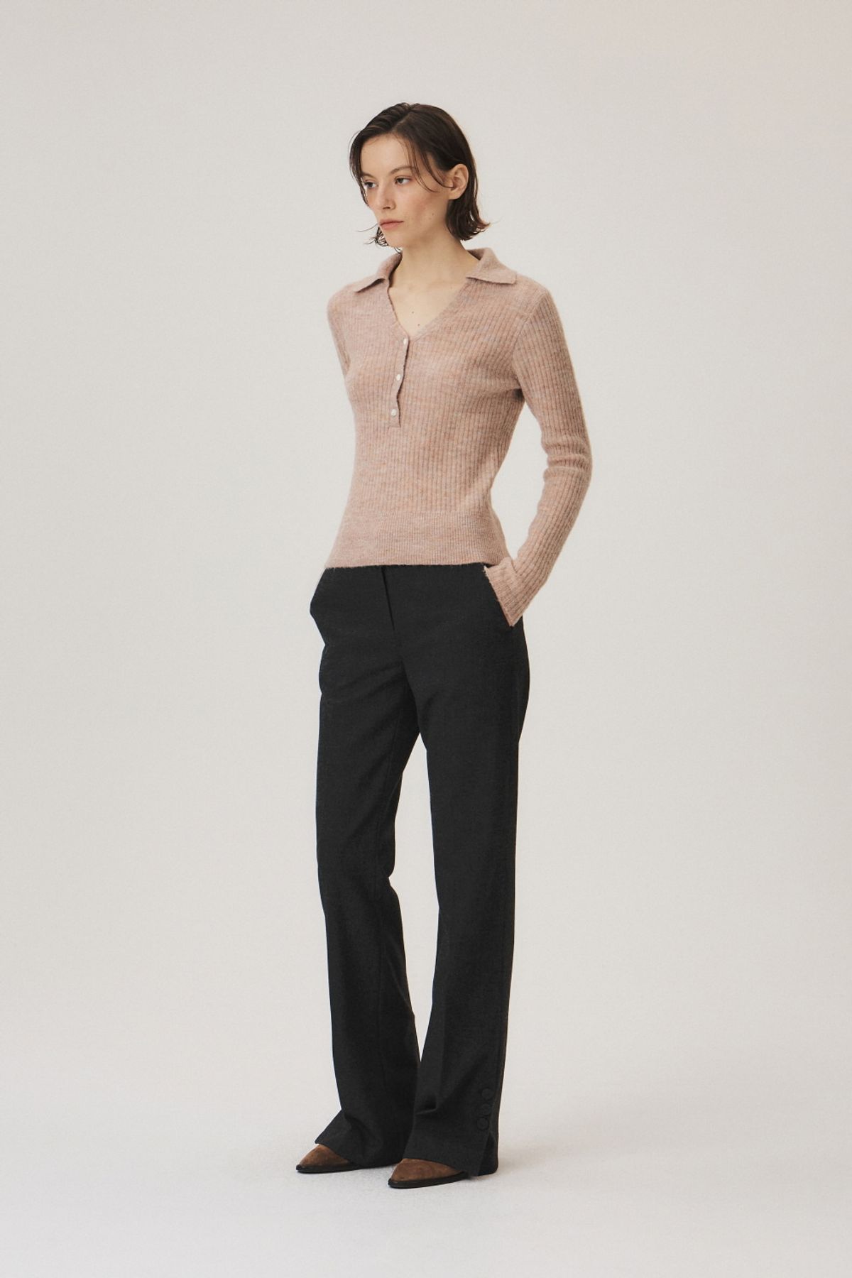 쿠메(KUMÉ) Wool Blend Bootcut Pants, Charcoal