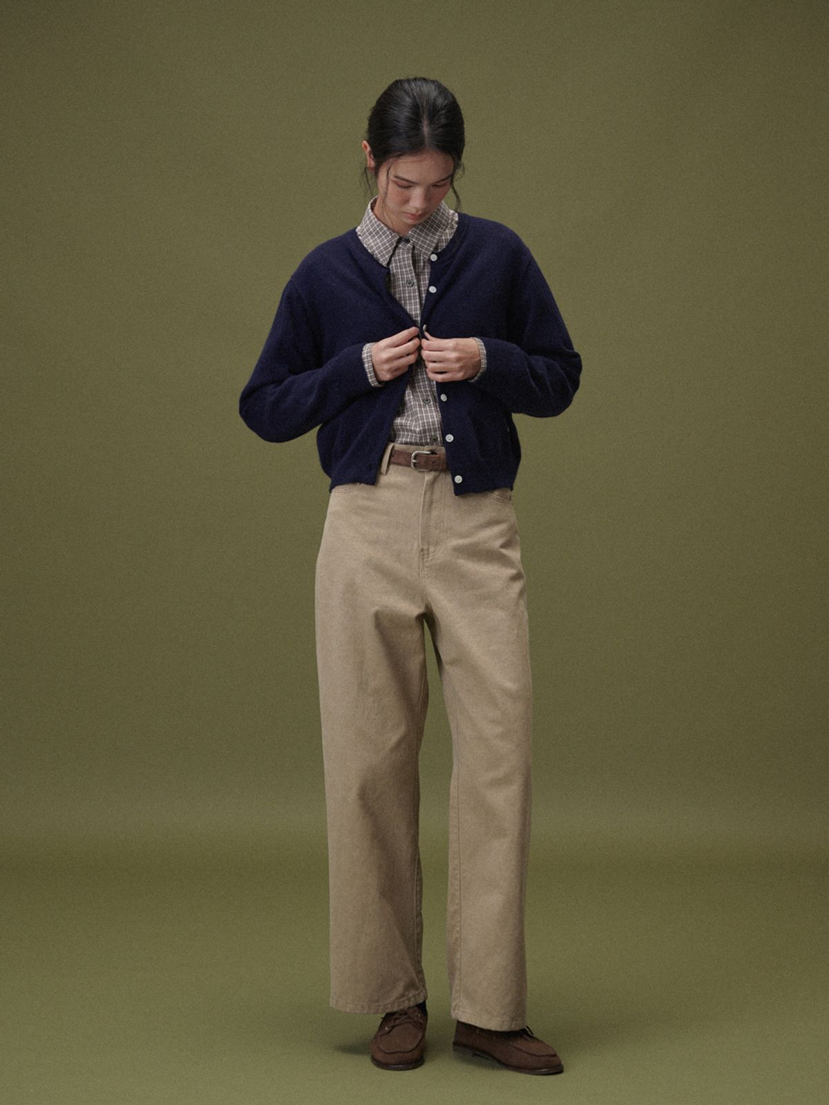플라드주르(PLATDUJOUR) Camel round cardigan (Navy)