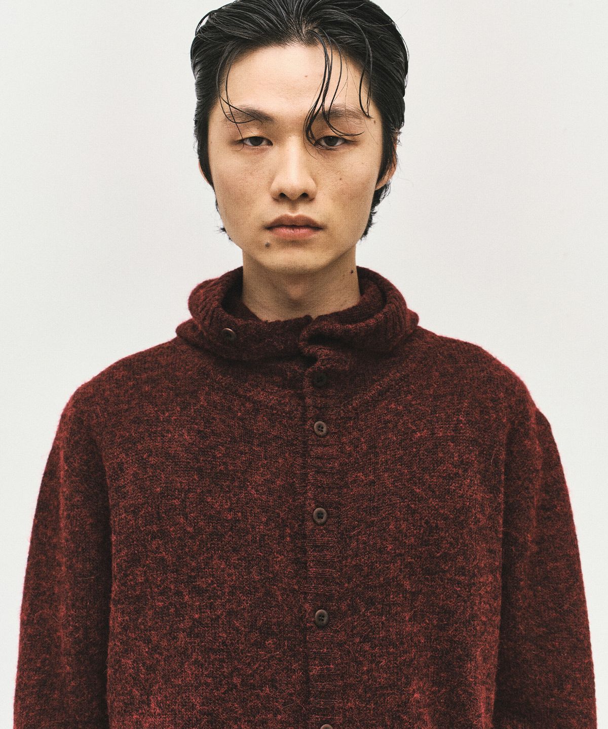 서피스에디션(SURFACE EDITION) BUTTON UP HOODED KNIT WINE