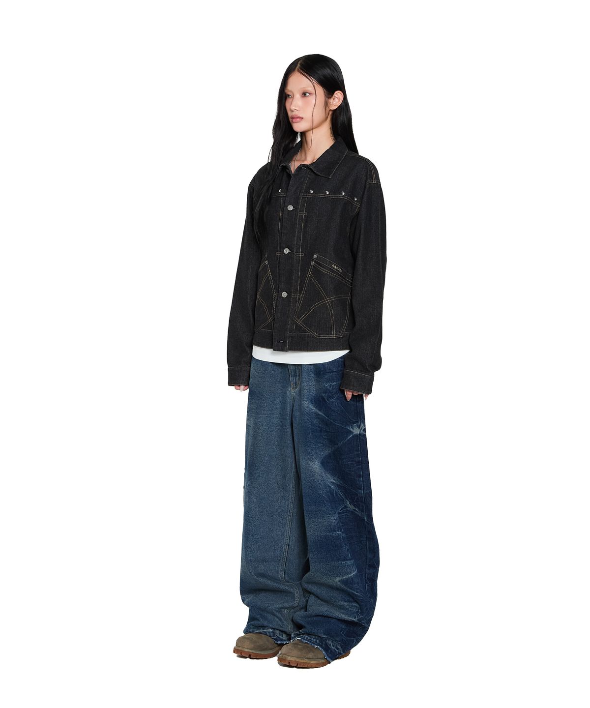 아캄(AAKAM) Side Wrinkle Washed Denim Pants (Blue)