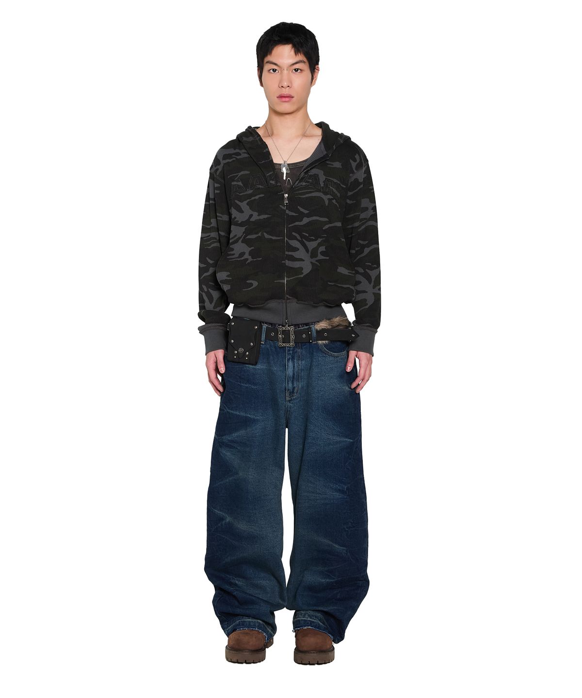 아캄(AAKAM) Side Wrinkle Washed Denim Pants (Blue)