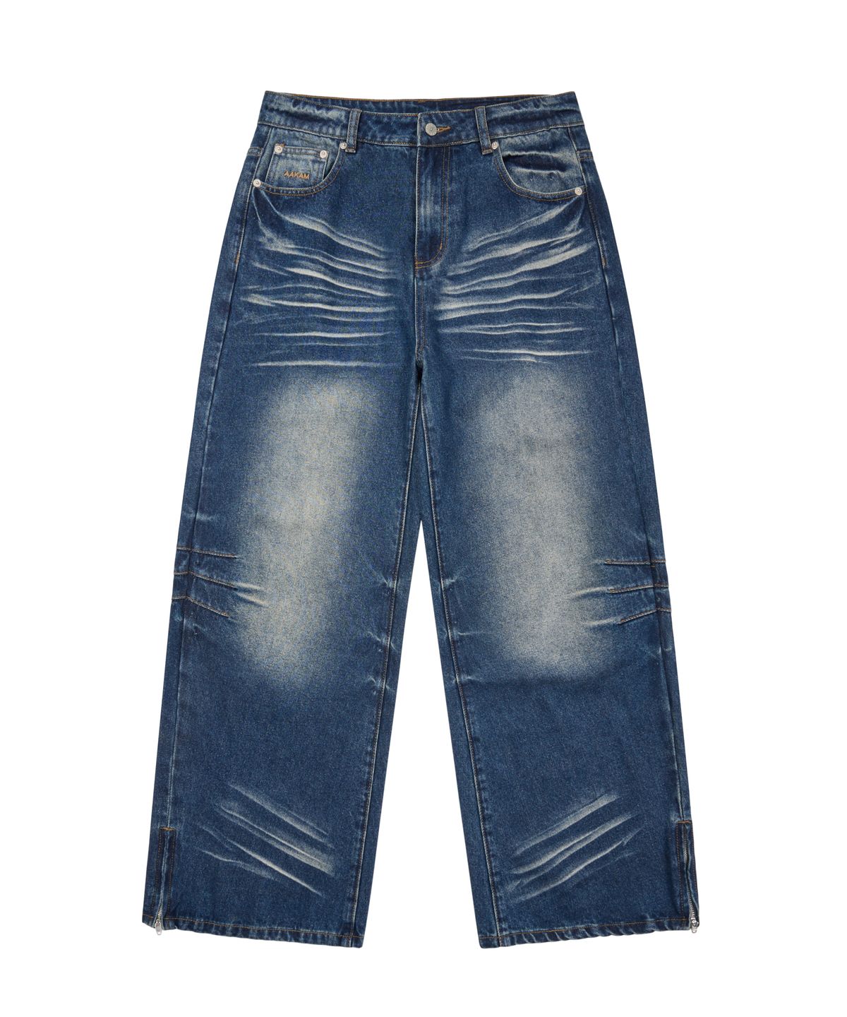 아캄(AAKAM) Washed Zipper Slit Denim Pants (Blue)