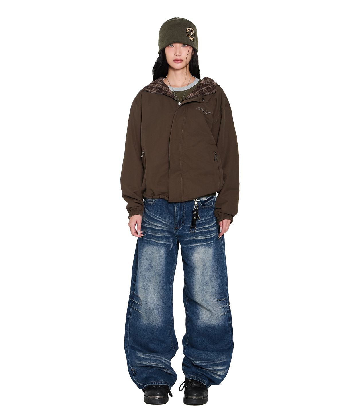 아캄(AAKAM) Washed Zipper Slit Denim Pants (Blue)