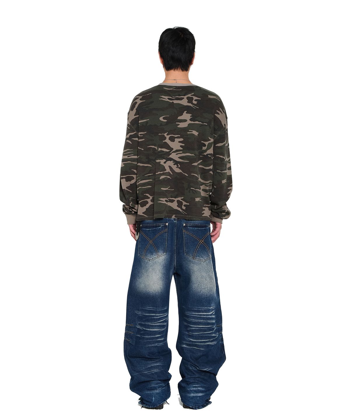 아캄(AAKAM) Washed Zipper Slit Denim Pants (Blue)