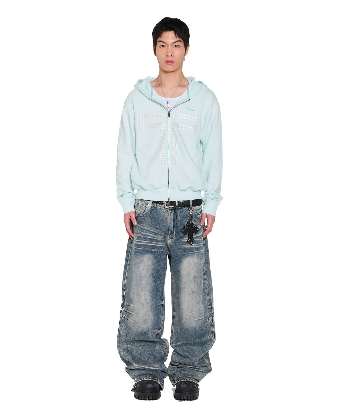 아캄(AAKAM) Washed Zipper Slit Denim Pants (Sky Blue)