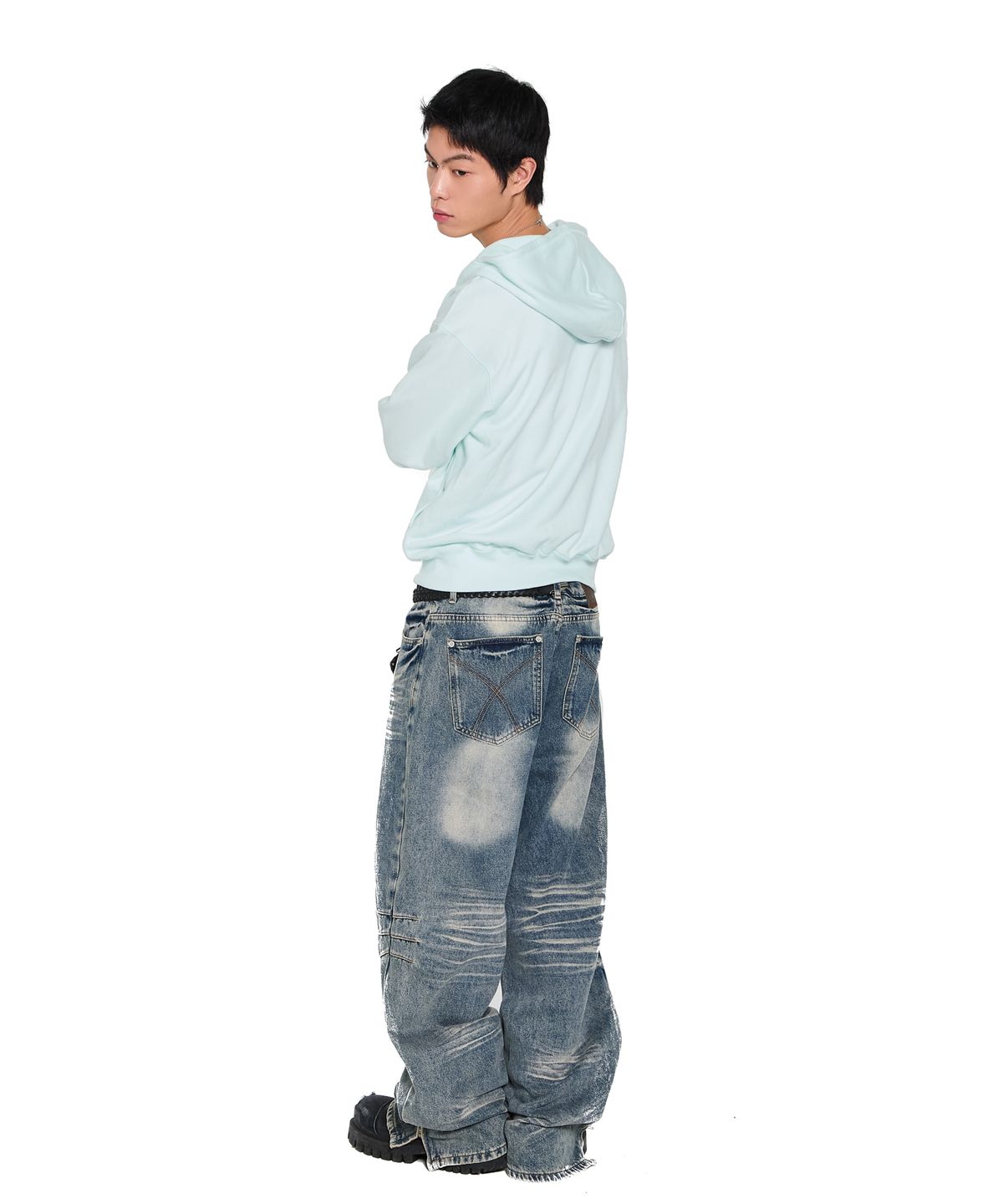 아캄(AAKAM) Washed Zipper Slit Denim Pants (Sky Blue)