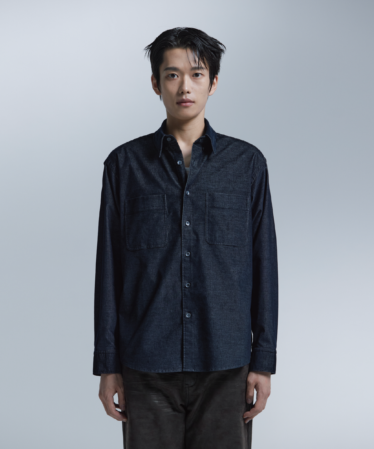 넌블랭크(NONBLANK) 코듀로이 데님 셔츠_BLUE BLACK