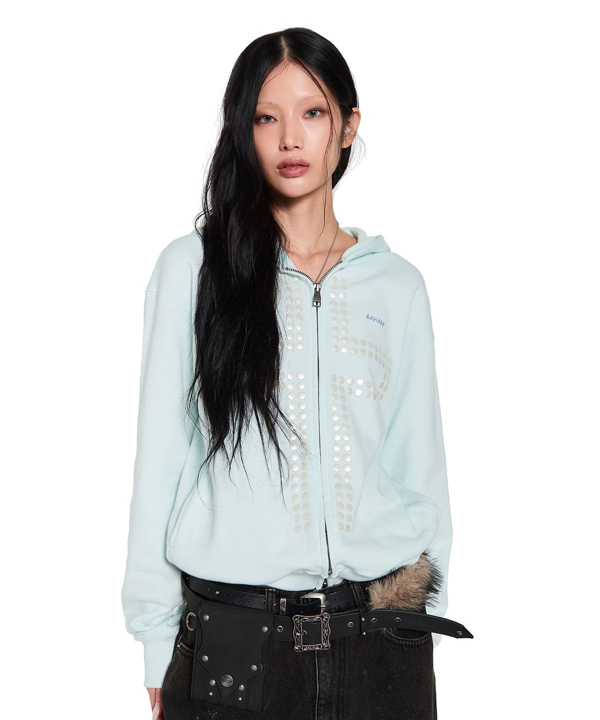 아캄(AAKAM) Cross Rhinestone Zip-Up Hoodie (Ice Blue)