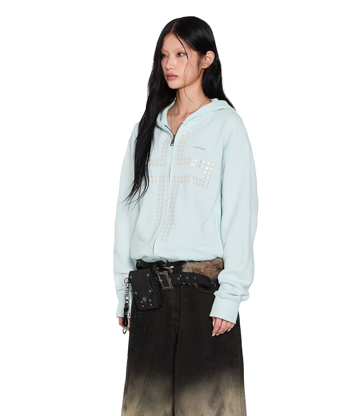 아캄(AAKAM) Cross Rhinestone Zip-Up Hoodie (Ice Blue)