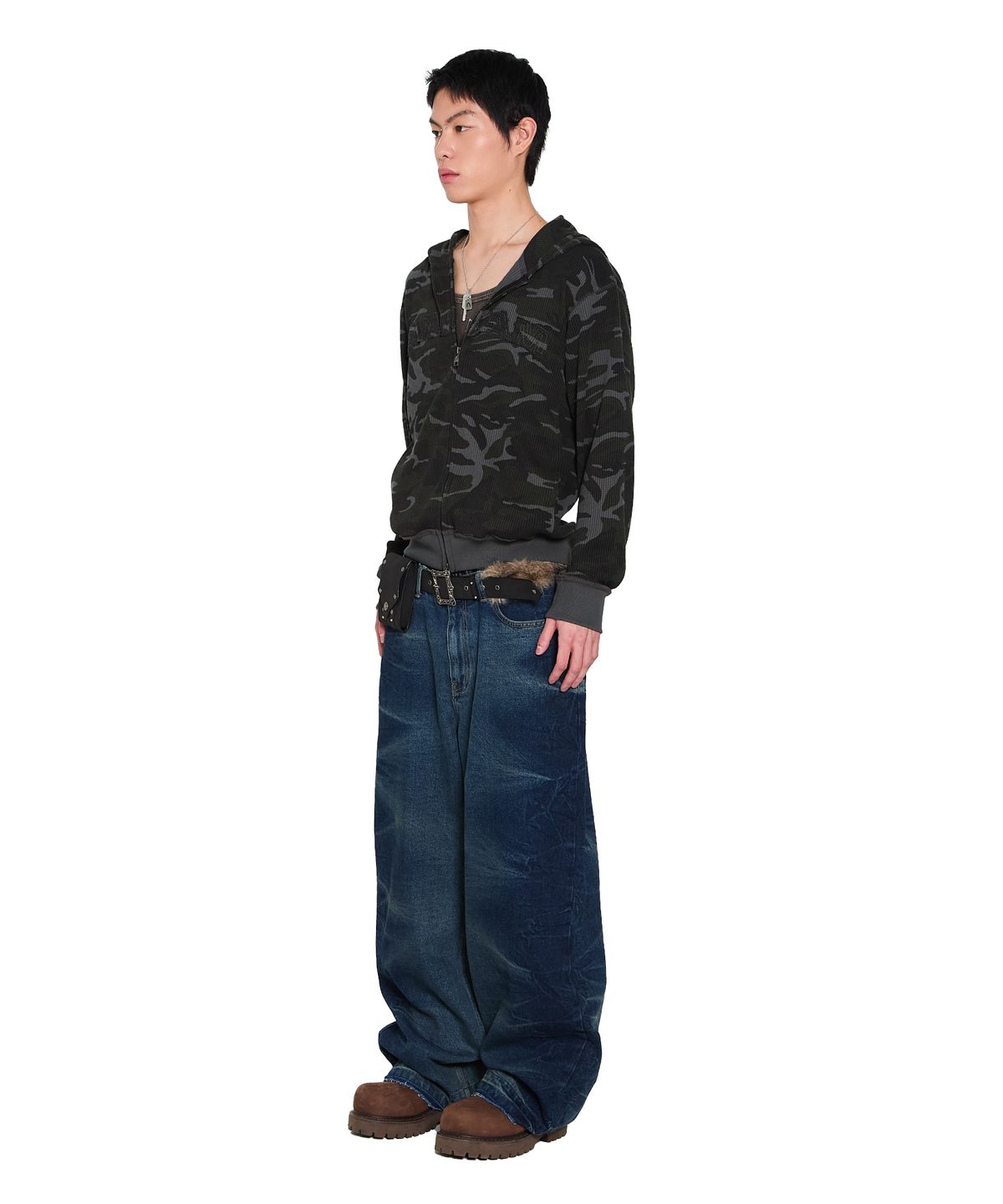 아캄(AAKAM) Camouflage Waffle Zip-Up Hoodie (Black)
