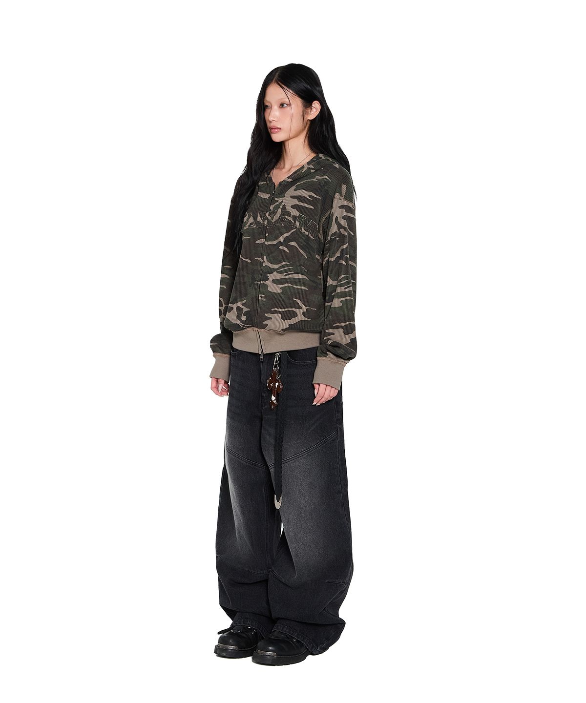 아캄(AAKAM) Camouflage Waffle Zip-Up Hoodie (Khaki)