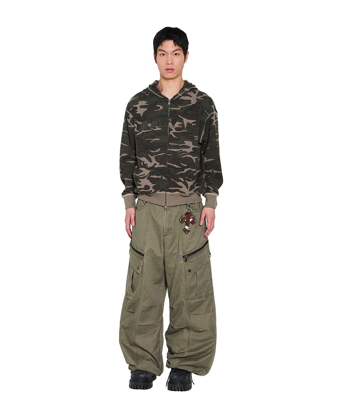 아캄(AAKAM) Camouflage Waffle Zip-Up Hoodie (Khaki)