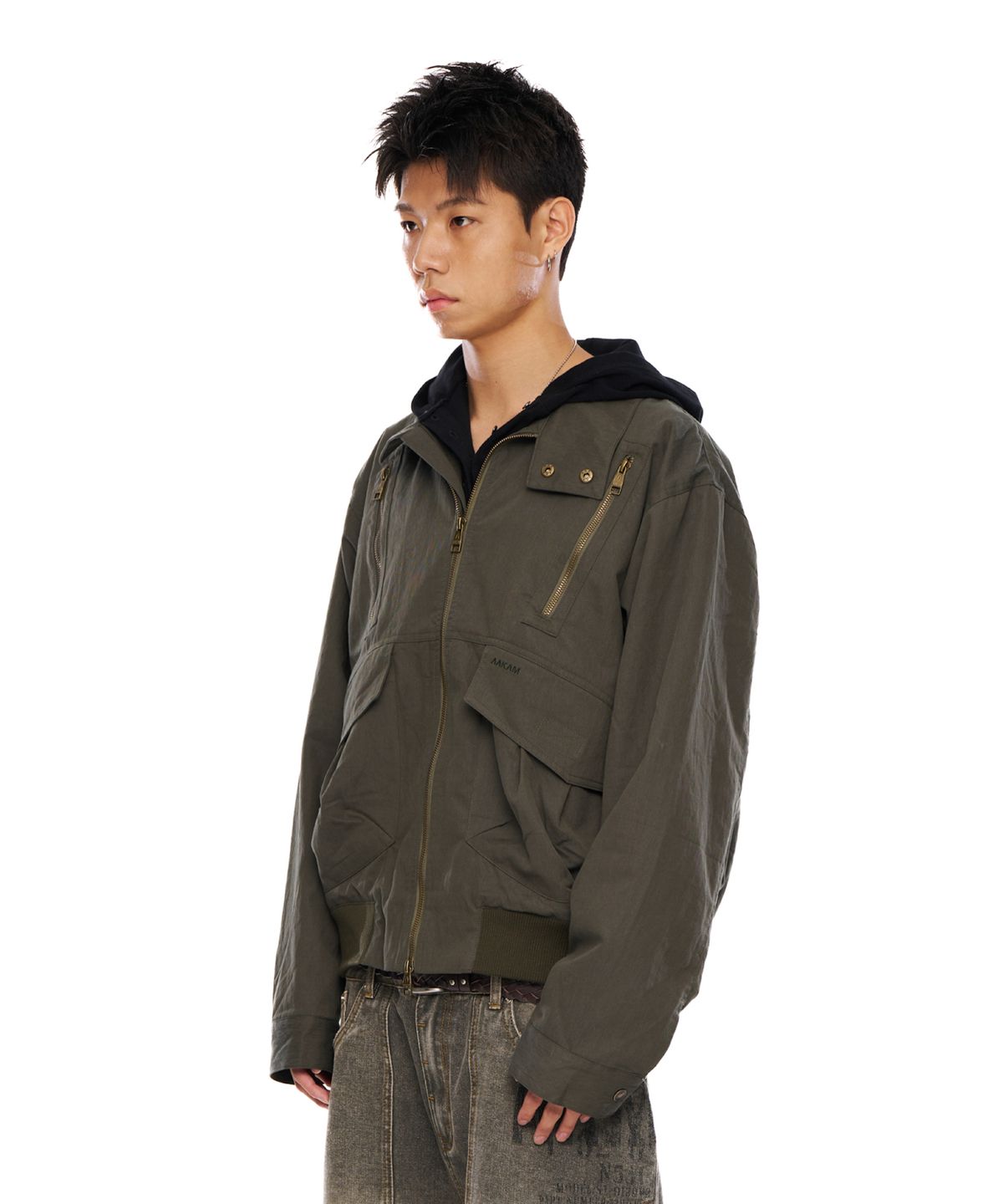 아캄(AAKAM) Zippered High Neck Jacket (Khaki)