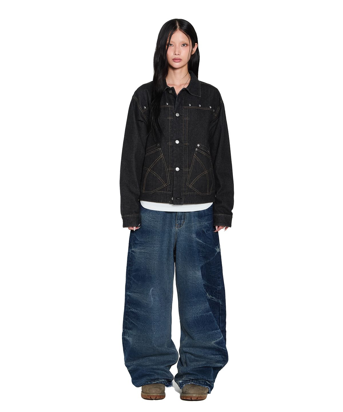 아캄(AAKAM) Oblique Pocket Denim Jacket (Black)