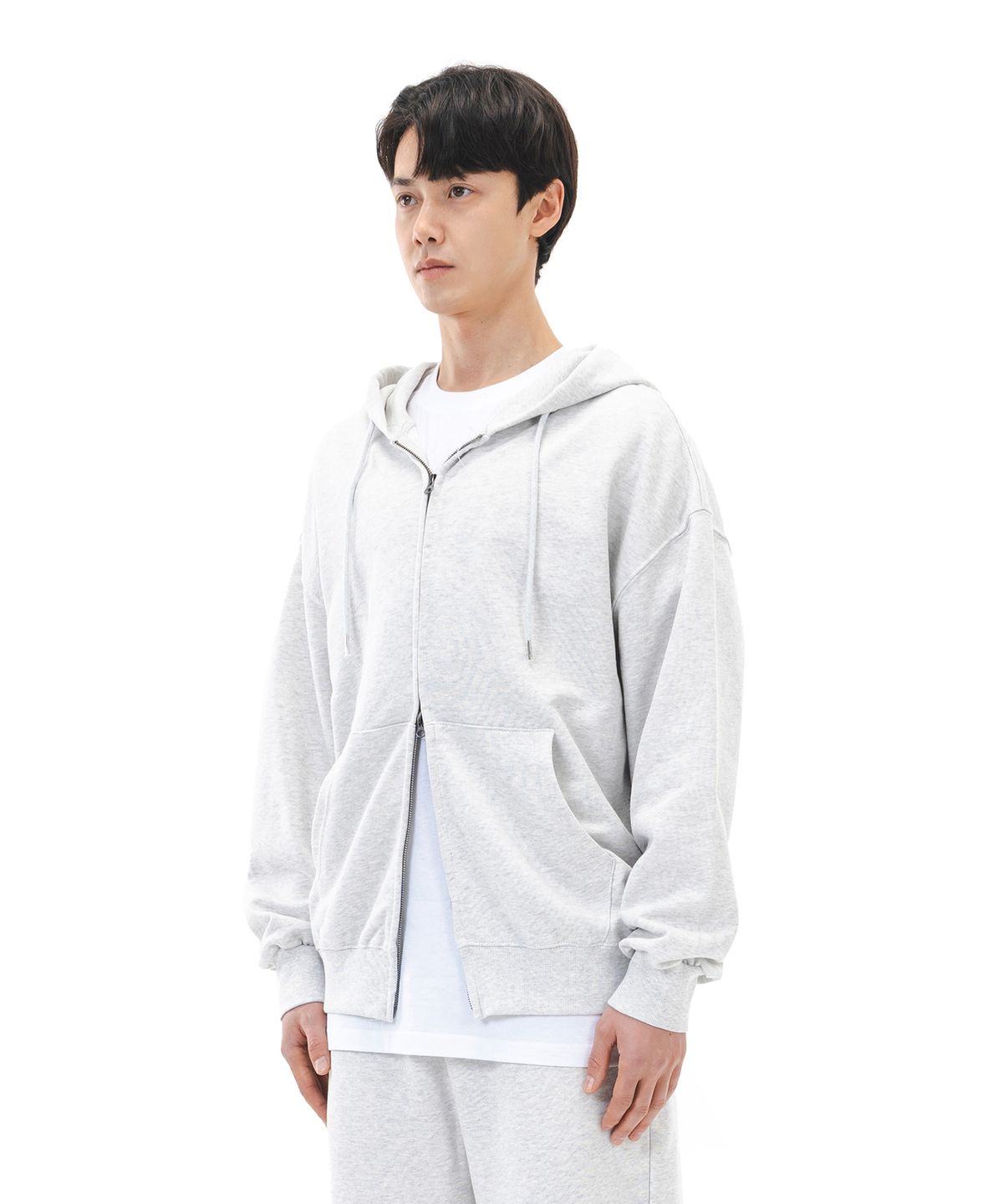 르커스텀(LE CUSTOM) 더에센셜 오버핏 무지 투웨이 후드집업 (라이트 멜란지)